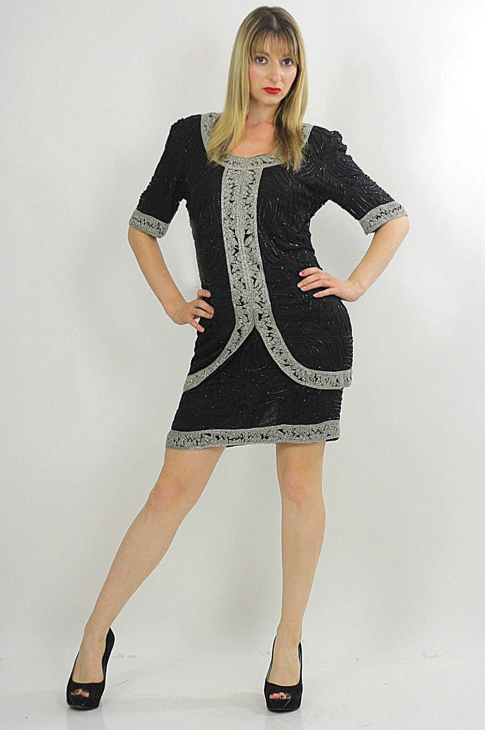 80s black sequin beaded tunic dress Art deco silver metallic Flapper