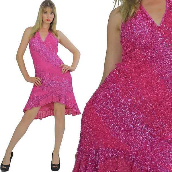 Pink sequin dress Deep V plunging halter fishtail Flapper deco Vintage 1980s Stripe ruffle Medium - shabbybabe
 - 1