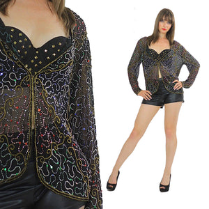 Sequin top beaded Black Gold metallic party Gatsby Sheer Cocktail party Long sleeve sweetheart neckline Medium - shabbybabe
 - 1