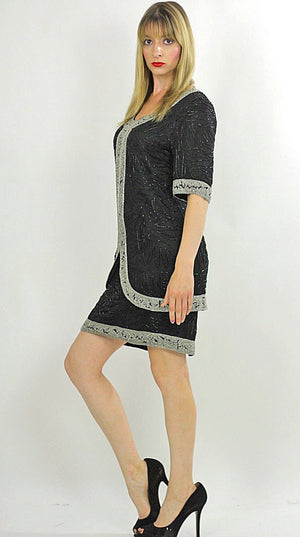 80s black sequin beaded tunic dress Art deco silver metallic Flapper - shabbybabe
 - 3