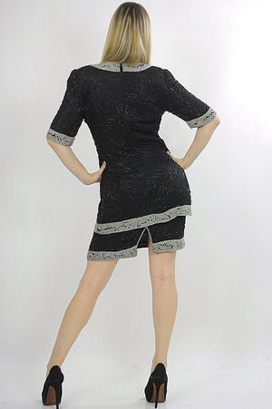 80s black sequin beaded tunic dress Art deco silver metallic Flapper - shabbybabe
 - 4