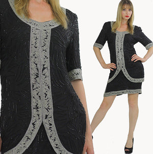 80s black sequin beaded tunic dress Art deco silver metallic Flapper - shabbybabe
 - 1