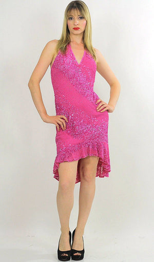 Pink sequin dress Deep V plunging halter fishtail Flapper deco Vintage 1980s Stripe ruffle Medium - shabbybabe
 - 2