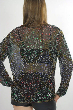 Sequin top beaded Black Gold metallic party Gatsby Sheer Cocktail party Long sleeve sweetheart neckline Medium - shabbybabe
 - 4