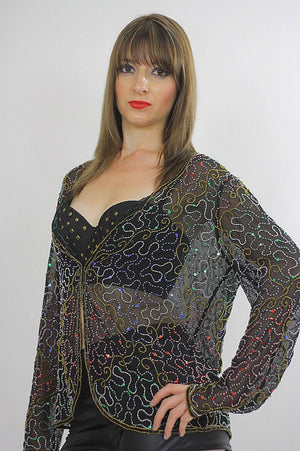 Sequin top beaded Black Gold metallic party Gatsby Sheer Cocktail party Long sleeve sweetheart neckline Medium - shabbybabe
 - 3