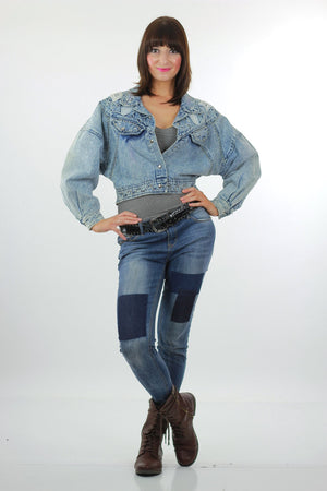 Studded denim jacket 80s Acid Wash Cropped denim blue jean slouchy Vintage 80s rocker Medium - shabbybabe
 - 3