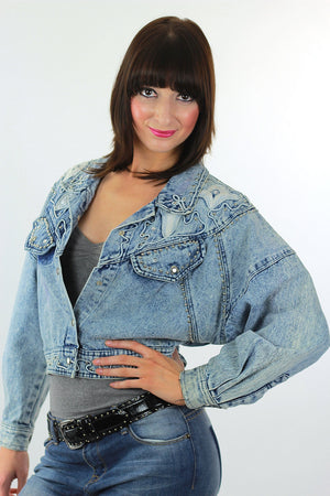 Studded denim jacket 80s Acid Wash Cropped denim blue jean slouchy Vintage 80s rocker Medium - shabbybabe
 - 1