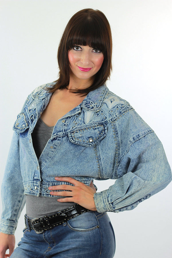 Studded denim jacket 80s Acid Wash Cropped denim blue jean slouchy Vintage 80s rocker Medium - shabbybabe
 - 1