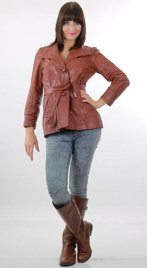 Vintage 70s brown Leather Jacket  blazer Boho Hippie  Biker Moto wrap belted retro S - shabbybabe
 - 5