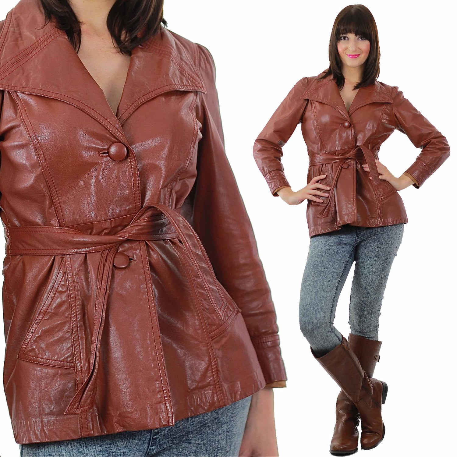 Vintage 70s Brown Leather Jacket Blazer Boho Hippie Biker Moto Wrap Belted Retro S