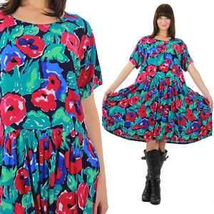 Grunge Neon Floral dress 90s Boho floral tiered dress loose fit Baby doll Ditsy Oversized short sleeve high waist festival shift dress M Medium - shabbybabe
 - 2
