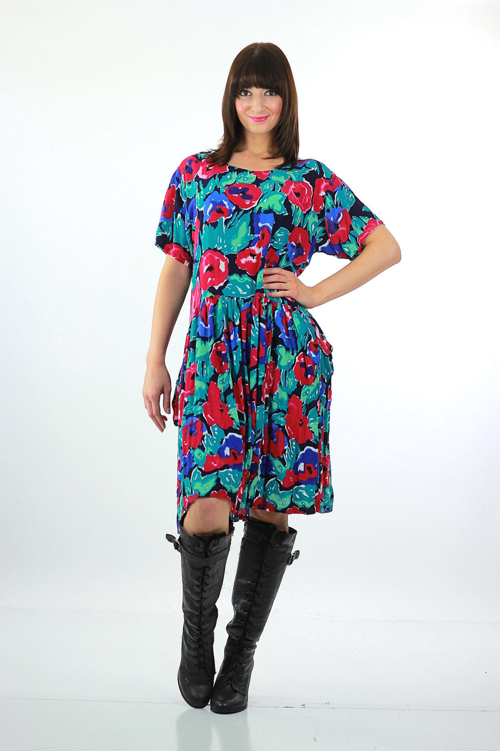 plus size grunge dress Grunge Neon Floral dress 90s Boho floral tiered dress loose fit Baby doll  Ditsy Oversized short sleeve high waist festival shift dress M Medium