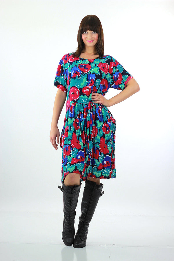 Grunge Neon Floral dress 90s Boho floral tiered dress loose fit Baby doll Ditsy Oversized short sleeve high waist festival shift dress M Medium - shabbybabe
 - 1