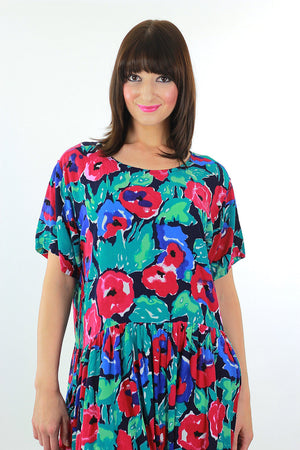Grunge Neon Floral dress 90s Boho floral tiered dress loose fit Baby doll Ditsy Oversized short sleeve high waist festival shift dress M Medium - shabbybabe
 - 4