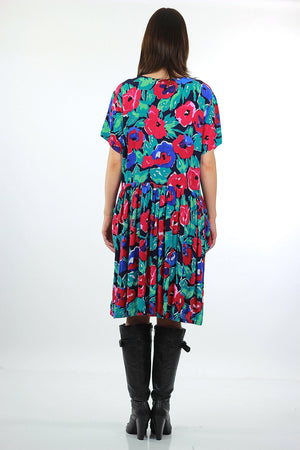 Grunge Neon Floral dress 90s Boho floral tiered dress loose fit Baby doll Ditsy Oversized short sleeve high waist festival shift dress M Medium - shabbybabe
 - 3