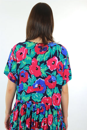Grunge Neon Floral dress 90s Boho floral tiered dress loose fit Baby doll Ditsy Oversized short sleeve high waist festival shift dress M Medium - shabbybabe
 - 5