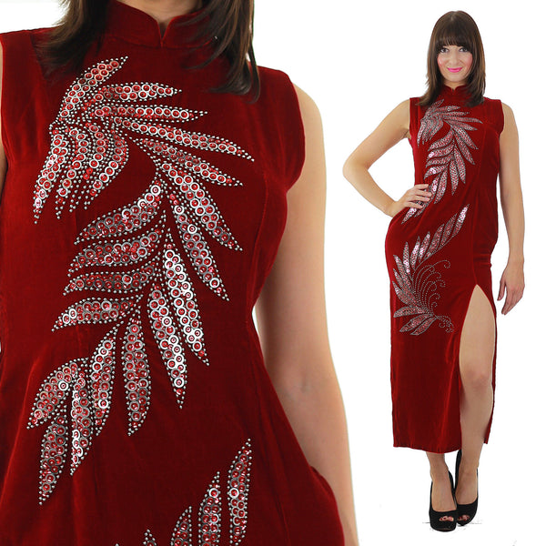 Red velvet  dress Sequin studded velvet maxi dress High slit velvet Cocktail party dress velvety high neck L - shabbybabe
 - 1