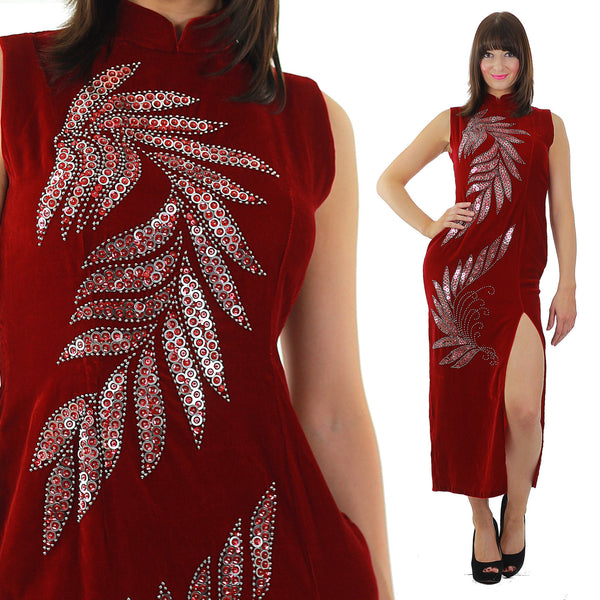 Red velvet  dress Sequin studded velvet maxi dress High slit velvet Cocktail party dress velvety high neck L - shabbybabe
 - 1