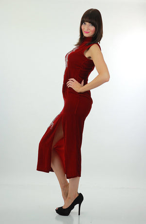 Red velvet  dress Sequin studded velvet maxi dress High slit velvet Cocktail party dress velvety high neck L - shabbybabe
 - 3