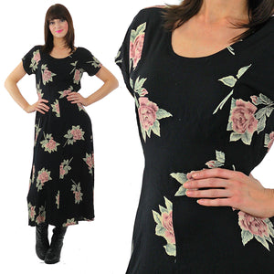 Floral Grunge dress pink floral Print on Black  Babydoll Garden Party Princess Seam Boho Scoop Neck Bohemian Vintage 1990s Retro Medium M - shabbybabe
 - 2