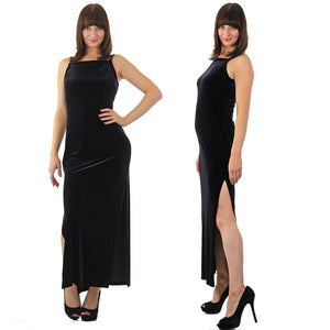 Velvet Dress 90s Grunge maxi Drape HIGH SLIT Witch Wiccan Indigo 80s Party Gothic Grunge Drape Scoop Neck Vintage 1990s sleeveless medium - shabbybabe
 - 1