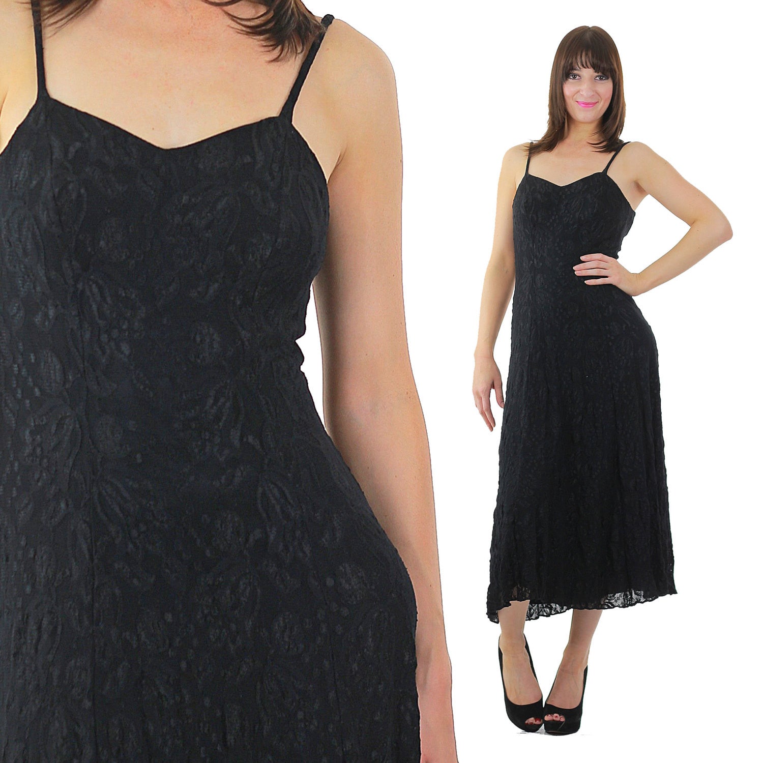 90s Black Lace Grunge Goth Spaghetti Strap Open Back Slip Dress Medium