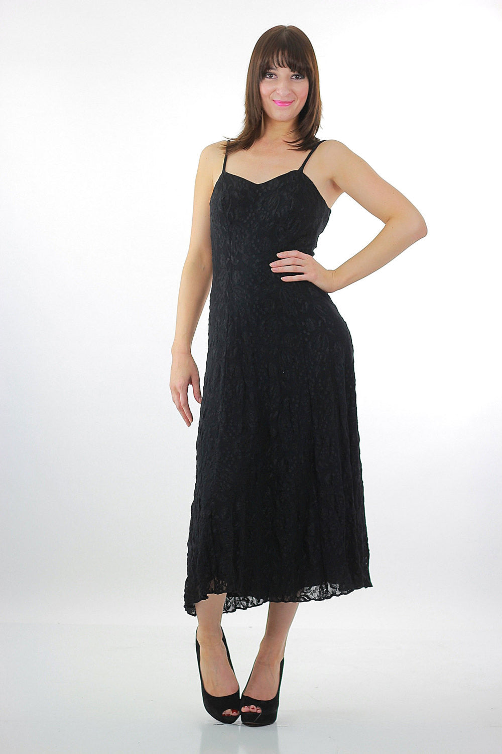 Grunge Goth Lace Spaghetti Strap Open Back Slip Dress