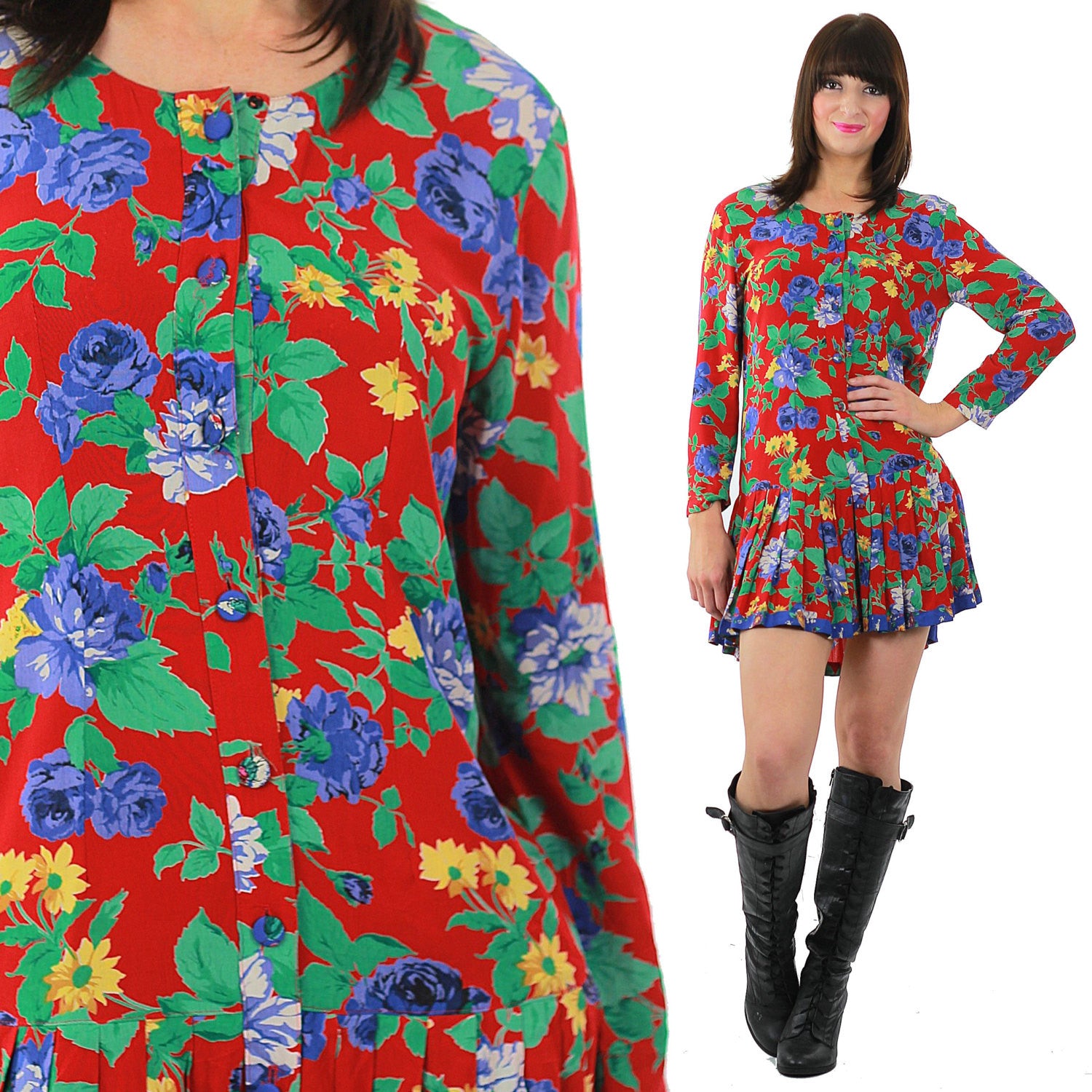 Vintage 90s grunge Floral mini dressRed floral Pleated long sleeve