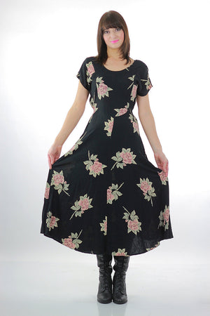 Floral Grunge dress pink floral Print on Black  Babydoll Garden Party Princess Seam Boho Scoop Neck Bohemian Vintage 1990s Retro Medium M - shabbybabe
 - 1