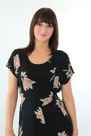 Floral Grunge dress pink floral Print on Black  Babydoll Garden Party Princess Seam Boho Scoop Neck Bohemian Vintage 1990s Retro Medium M - shabbybabe
 - 5
