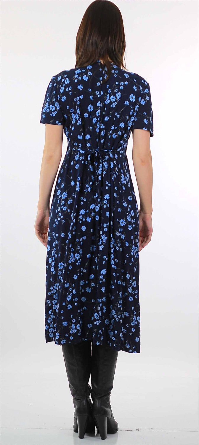 90s Grunge blue floral midi dress high waist short sleeve - shabbybabe 90s Grunge blue floral midi dress high waist short sleeve - shabbybabe