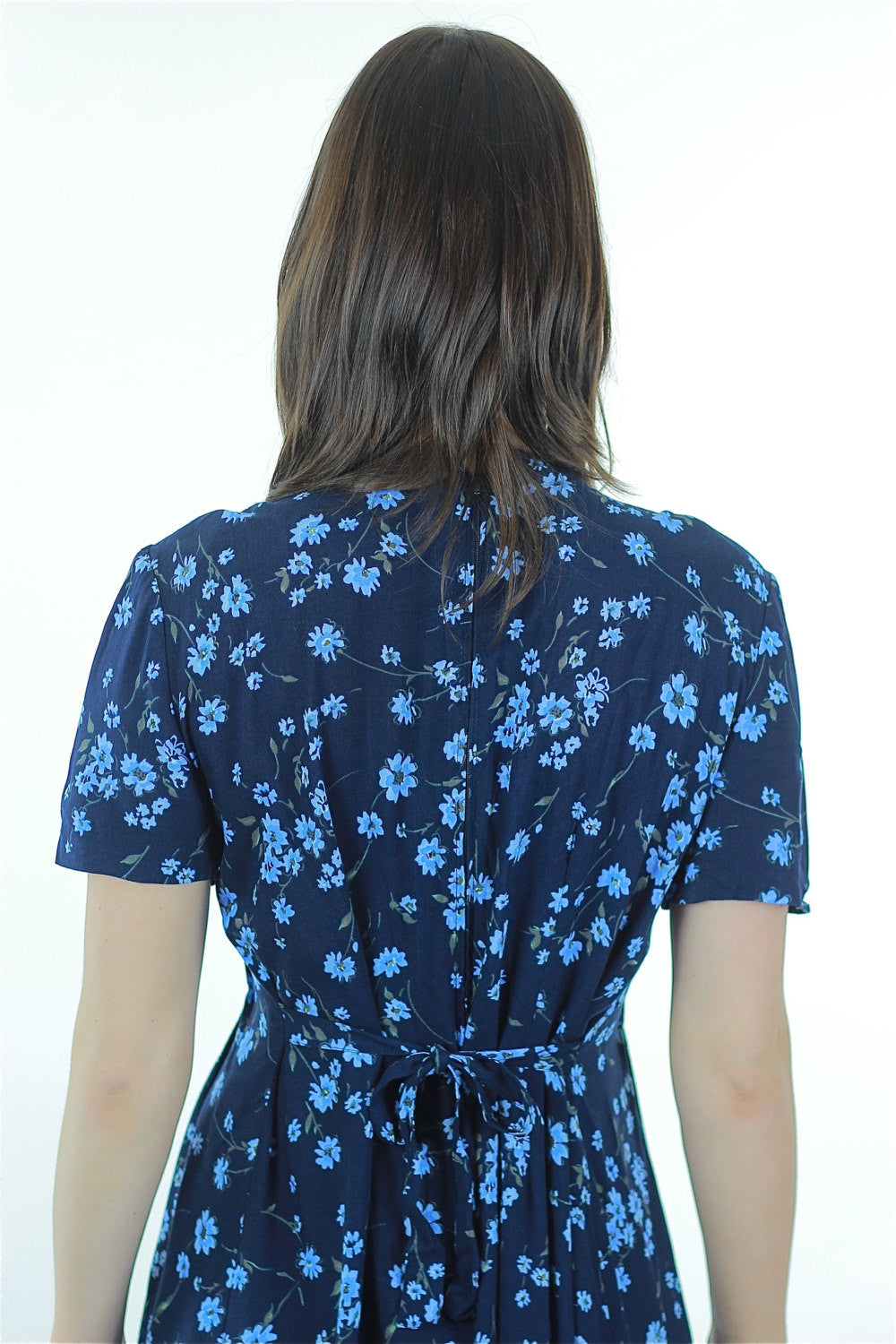 90s Grunge blue floral midi dress high waist short sleeve
