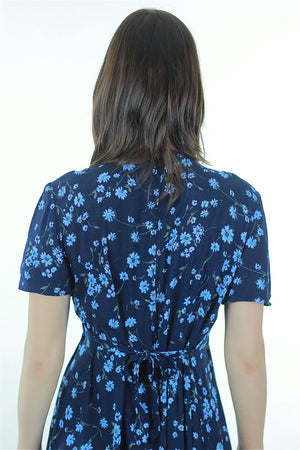 90s Grunge  blue floral midi dress high waist short sleeve - shabbybabe
 - 5