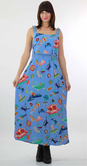 Patchwork dress Blue Graphic Boho maxi 90s Grunge sundress square neck button straps Vintage 1990s high waist  Retro dress print Bohemian M - shabbybabe
 - 2