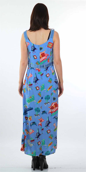 Patchwork dress Blue Graphic Boho maxi 90s Grunge sundress square neck button straps Vintage 1990s high waist  Retro dress print Bohemian M - shabbybabe
 - 3