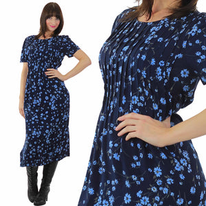 90s Grunge  blue floral midi dress high waist short sleeve - shabbybabe
 - 3