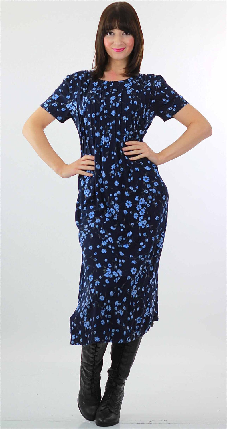 90s Grunge blue floral midi dress high waist short sleeve - shabbybabe 90s Grunge blue floral midi dress high waist short sleeve - shabbybabe