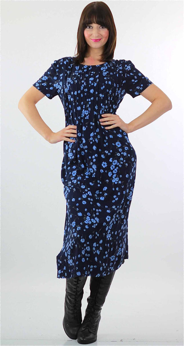 90s Grunge  blue floral midi dress high waist short sleeve - shabbybabe
 - 1