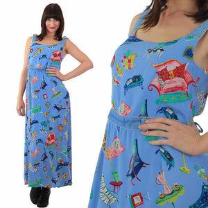 Patchwork dress Blue Graphic Boho maxi 90s Grunge sundress square neck button straps Vintage 1990s high waist  Retro dress print Bohemian M - shabbybabe
 - 1