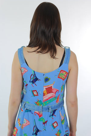 Patchwork dress Blue Graphic Boho maxi 90s Grunge sundress square neck button straps Vintage 1990s high waist  Retro dress print Bohemian M - shabbybabe
 - 5