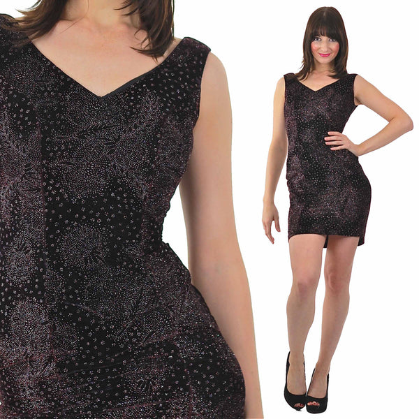Velvet Dress Vintage 90s Grunge Mini Dress Cocktail party Vintage 1990s Velvety purple deep V Open back wiggle  Bodycon Boho mini dress S - shabbybabe
 - 1