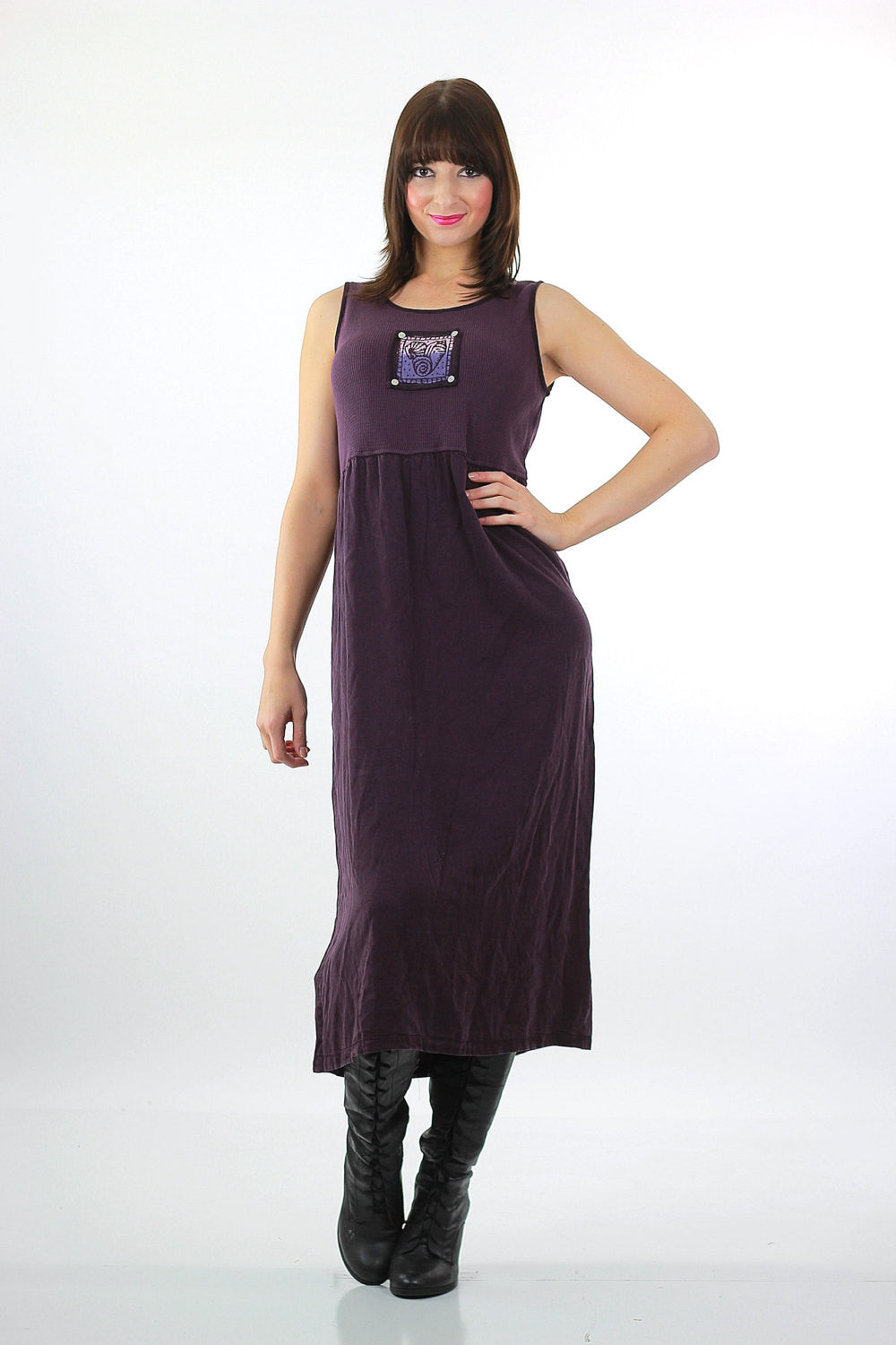 fitted lace wedding dress Jumper Dress Vintage 1990s grunge Purple pinafore maxi sleeveless waffle  sundress Festival Medium 2143