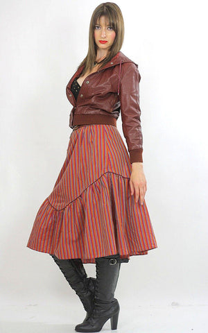 Stripe skirt Tiered ruffle Boho Red striped Vintage 1970s Festival Cotton Bohemian Hippie Prairie Medium - shabbybabe
 - 5