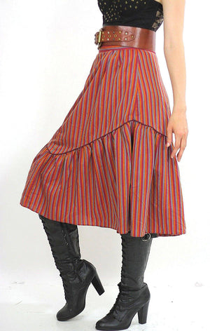 Stripe skirt Tiered ruffle Boho Red striped Vintage 1970s Festival Cotton Bohemian Hippie Prairie Medium - shabbybabe
 - 1