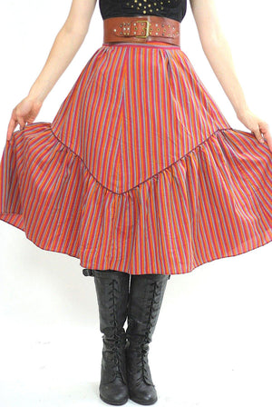 Stripe skirt Tiered ruffle Boho Red striped Vintage 1970s Festival Cotton Bohemian Hippie Prairie Medium - shabbybabe
 - 4
