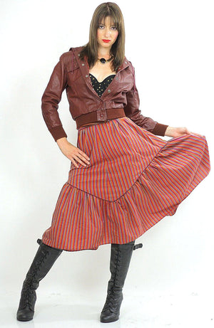 Stripe skirt Tiered ruffle Boho Red striped Vintage 1970s Festival Cotton Bohemian Hippie Prairie Medium - shabbybabe
 - 3