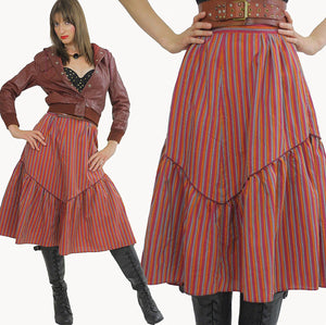 Stripe skirt Tiered ruffle Boho Red striped Vintage 1970s Festival Cotton Bohemian Hippie Prairie Medium - shabbybabe
 - 2