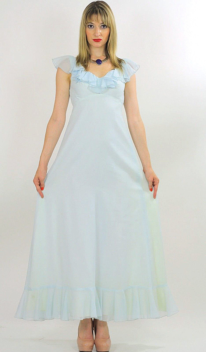 strapless open back dress Pastel blue boho maxi dress ruffle collar sheer empire waist S