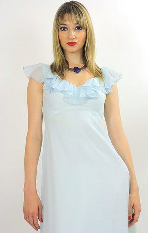 Pastel blue boho maxi dress ruffle collar sheer empire waist S - shabbybabe
 - 4