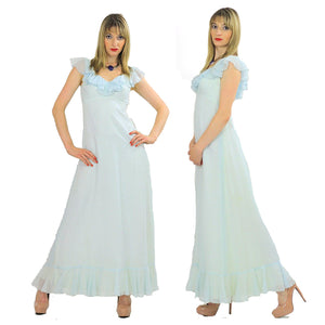 Pastel blue boho maxi dress ruffle collar sheer empire waist S - shabbybabe
 - 2